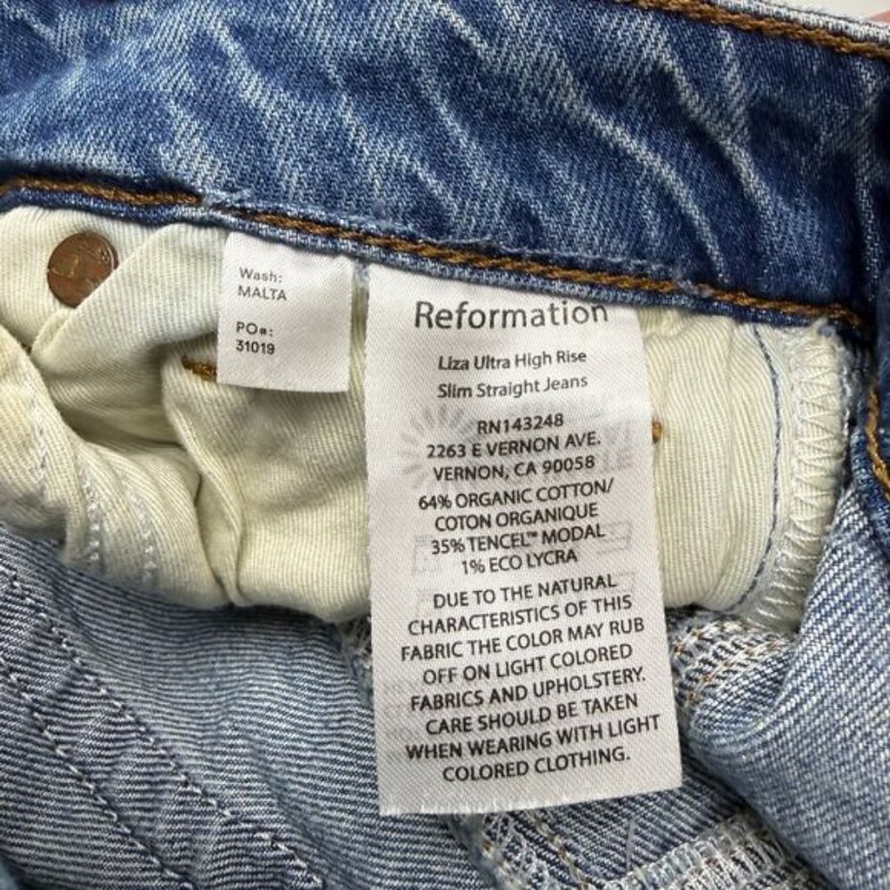 Reformation Liza Ultra High Rise Slim Straight Jeans Malta Blue Women's Size 24 - Picture 4 of 6